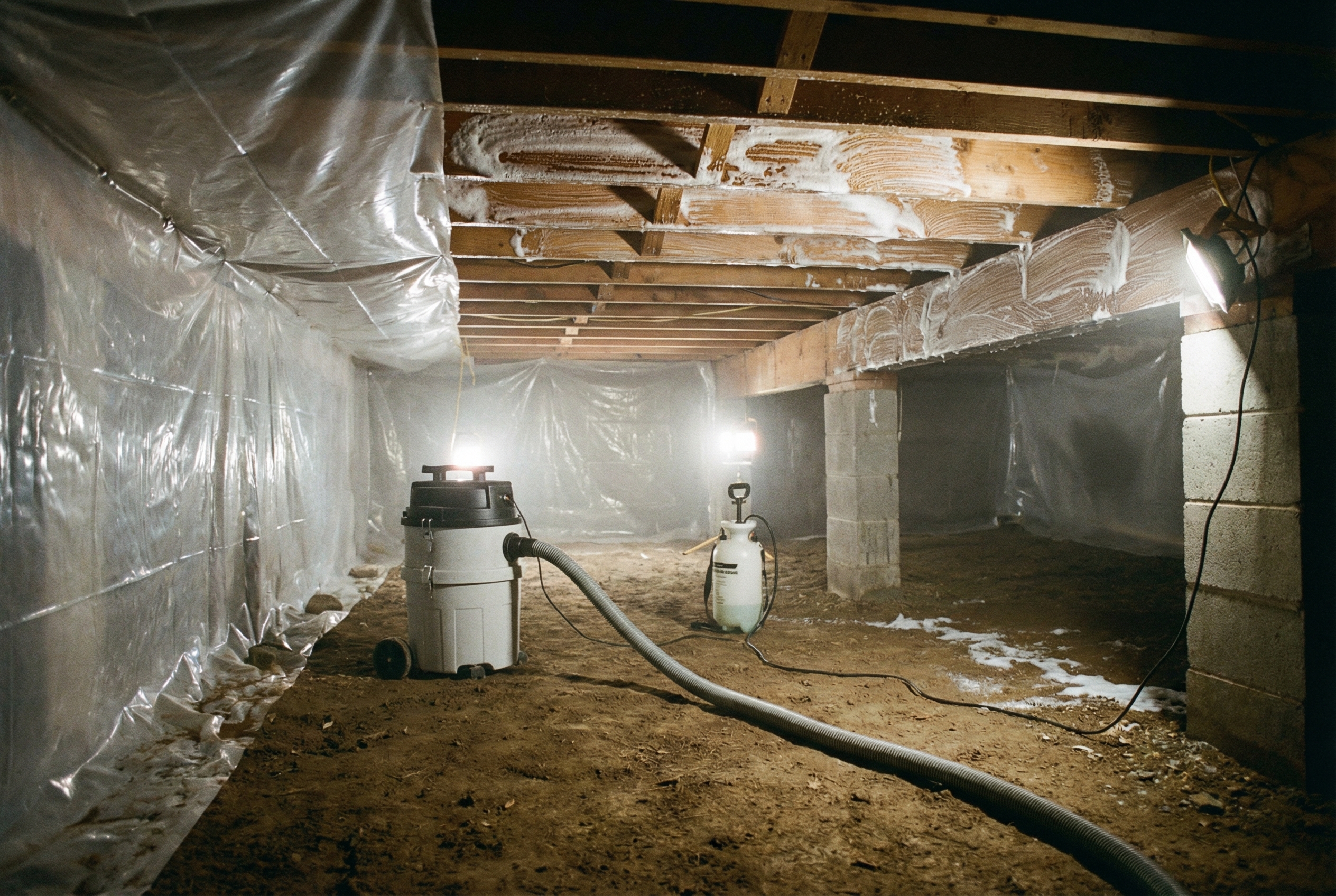 Mold being cleaned in a crawlspace under a home in Gainesville, Alachua County Florida to improve the home's health.