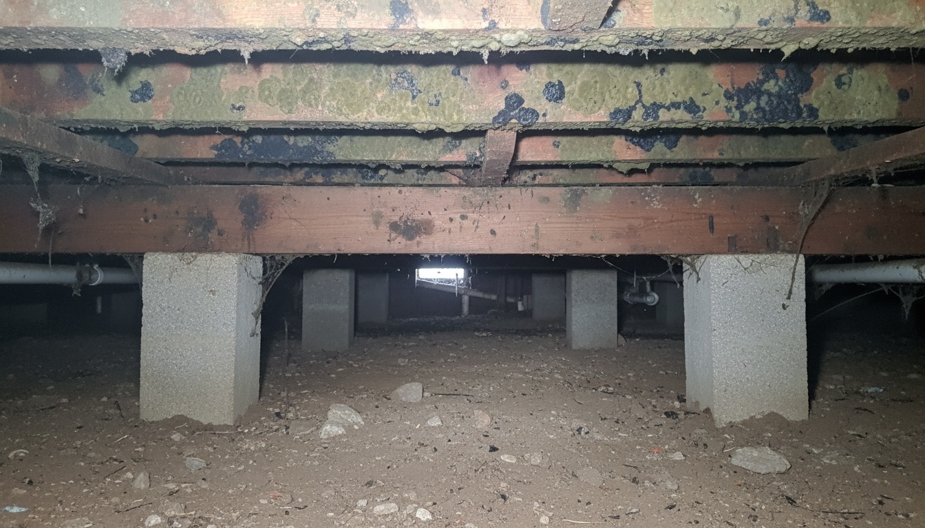 crawlspace of a home with a dirt floor and concrete piers. The wooden beams have visible mold on them. This image was taken during a mold assessment and testing process in Gainesville, Florida.