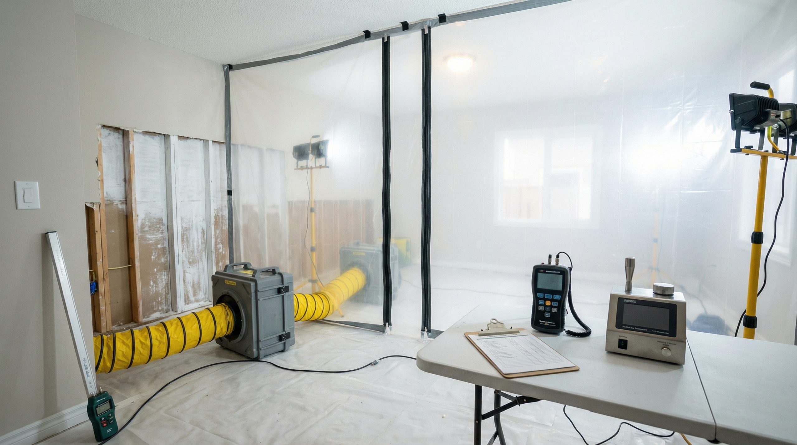 Professional mold assessment and remediation being performed inside a building in Gainesville Florida. Air scrubbers and containment are visible as well as testing equipment setup by Greenwood Building Inspection