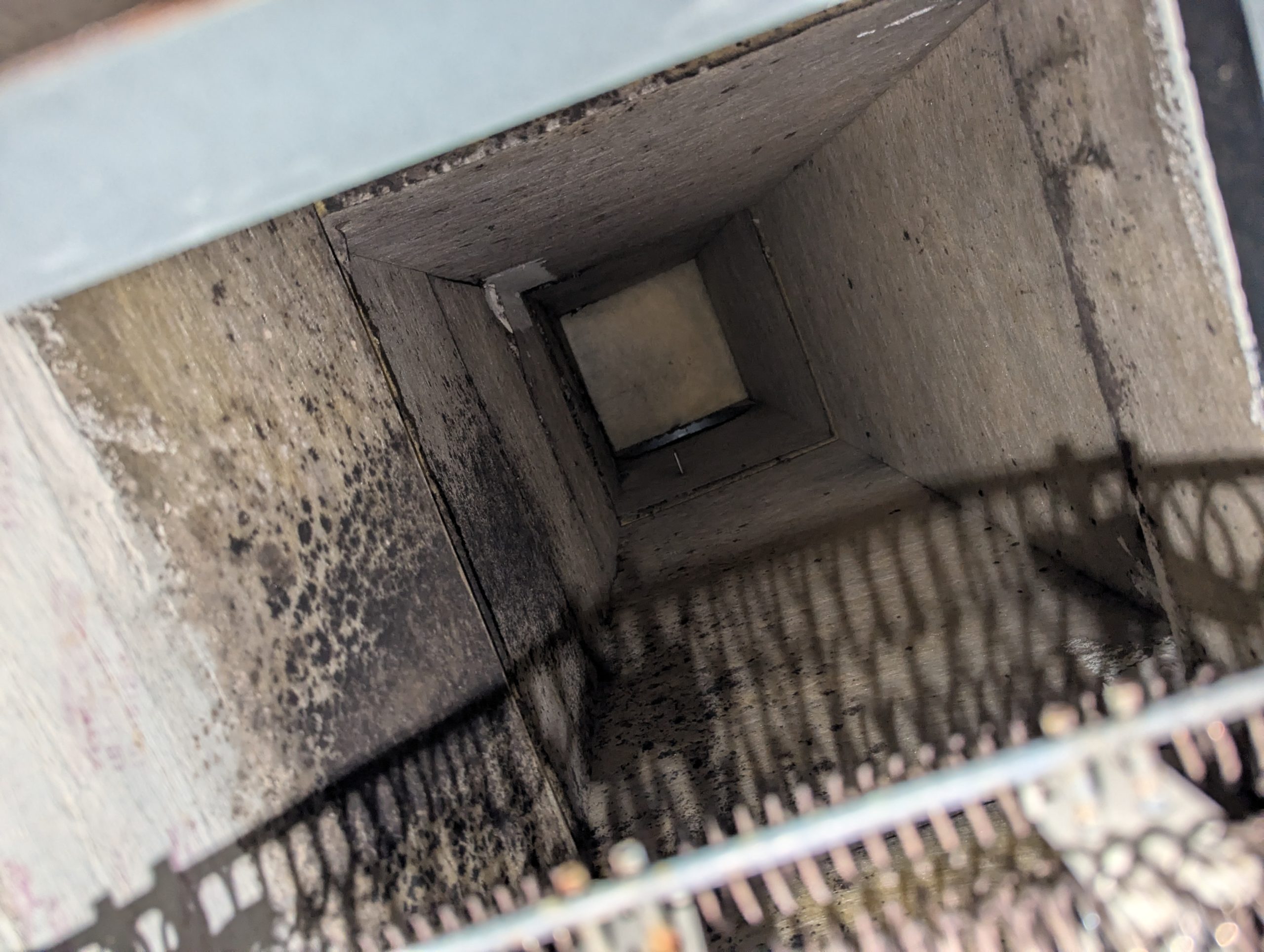Inside of some HVAC ductwork in a home in Gainesville Florida where Greenwood Building Inspection is performing mold remediation to remove all mold growth from the home and restore it's condition.